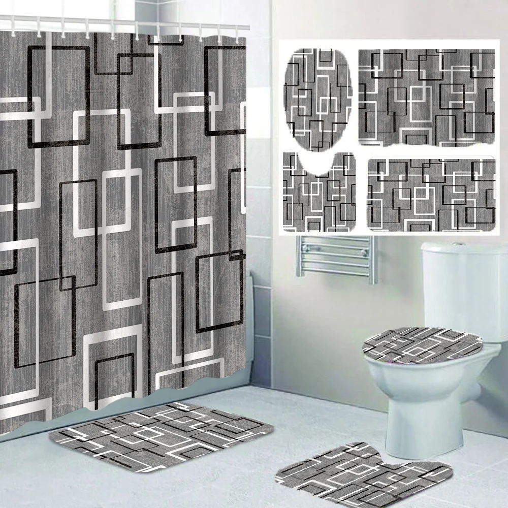 1/4 Duschvorhänge mit geometrischem Gitter, Toilettensitz-Dekoration, Duschvorhang mit Teppich und Toilettendeckel, 12 70,8 x 70,8 Zoll Haken Image