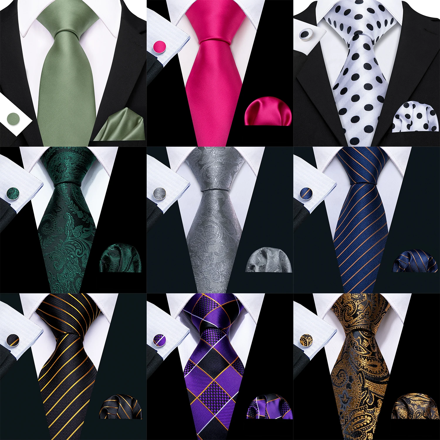 Herren-Krawatte, rosa, blau, grün, rot, Paisley-Blumenmuster, solide Krawatten, Einstecktuch, Manschettenknöpfe, Set, Krawatte, formelle Hochzeit, Dinner-Party Image