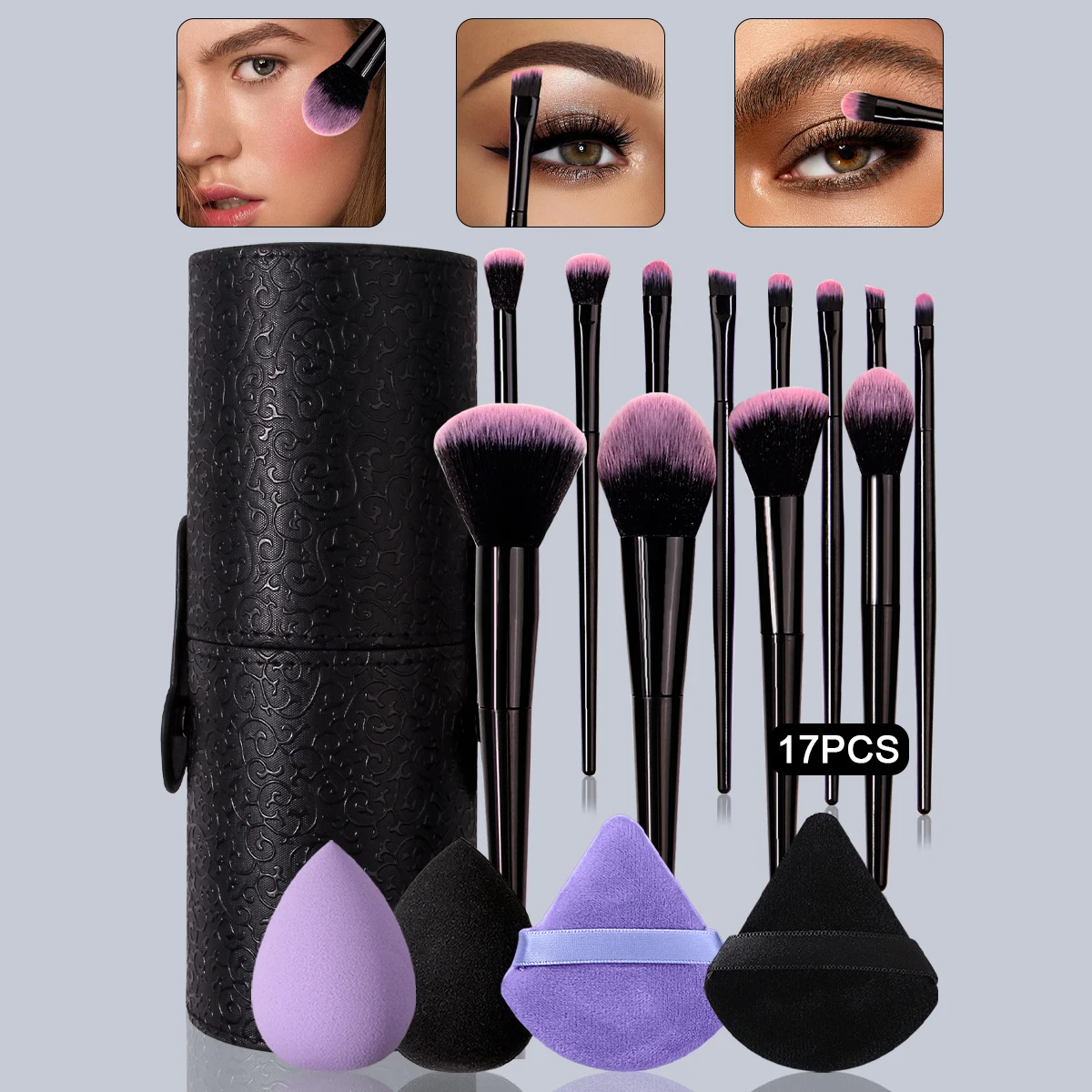 17-teiliges Make-up-Pinsel-Set: 12 multifunktionale Make-up-Pinsel-Sets + 4 Puderquasten-Schönheitseier + Make-up-Pinsel-Aufbewahrungseimer Image