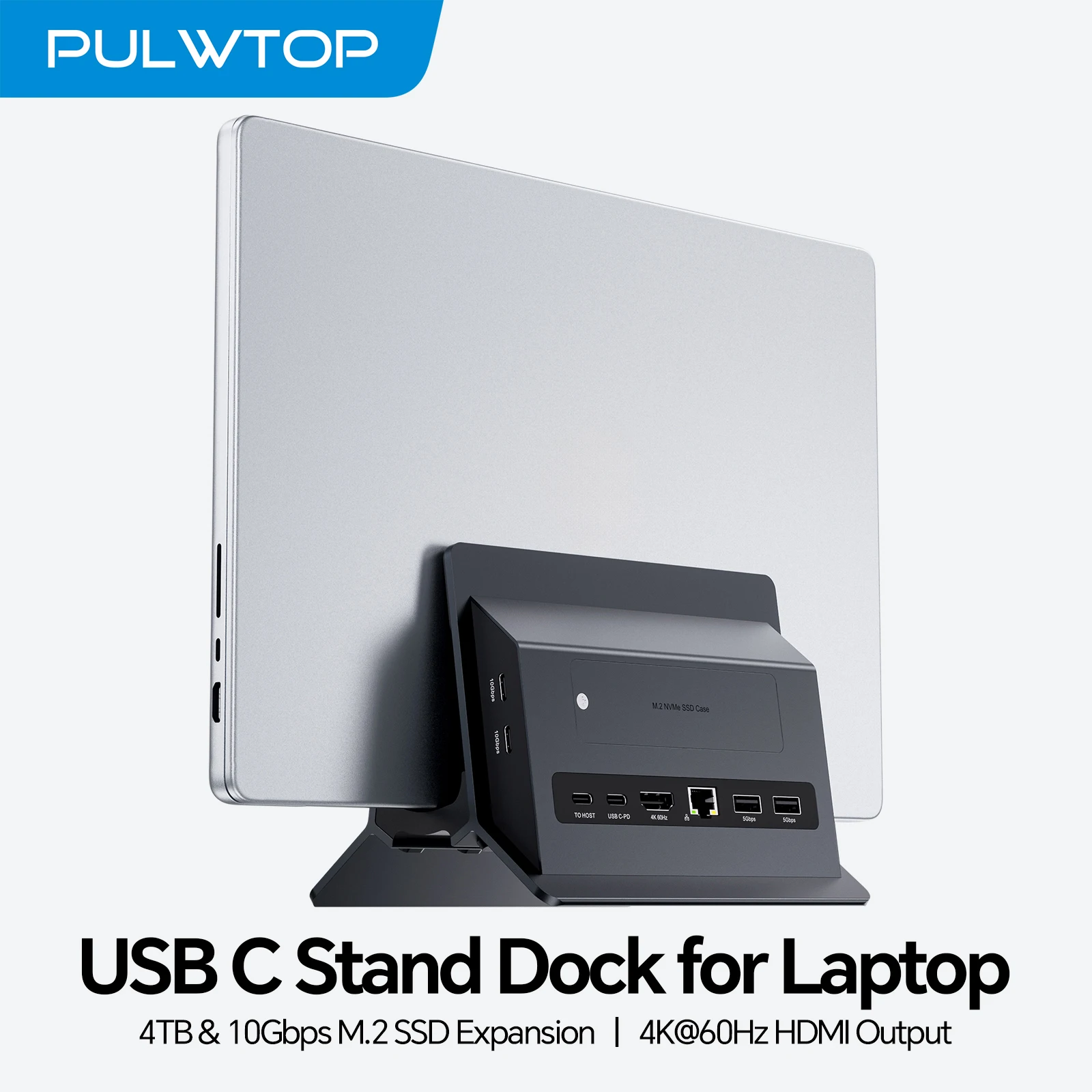 PULWTOP Vertikale USB-C-Dockingstation mit M.2 SSD-Gehäuse, HDMI, USB A/C, RJ45, SD/TF, PD für MacBook Pro/Air, Typ-C-Laptop – Schwarz Image