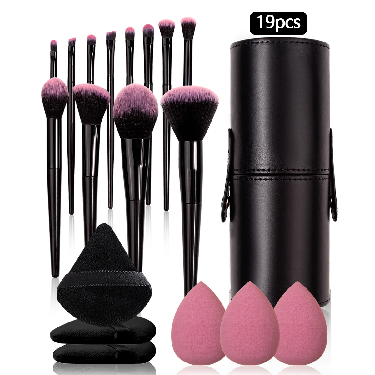 19-teiliges Set mit 12 Make-up-Pinsel-Sets + 3 dreieckigen Puderquasten + 3 Puderfreies Make-up-Ei + 1 Make-up-Pinsel-Aufbewahrungseimer Image
