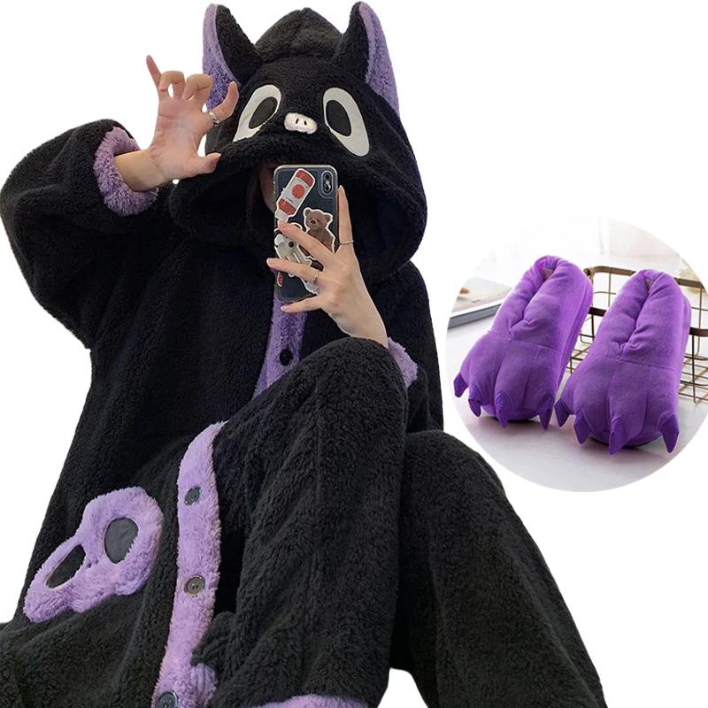 2024 Winter-Pyjama, Fledermaus-Robe, Homewear, Lounge-Nachtwäsche, warm, bequem, Kawaii, Halloween-Party, Vampir-Cosplay-Kostüm Image