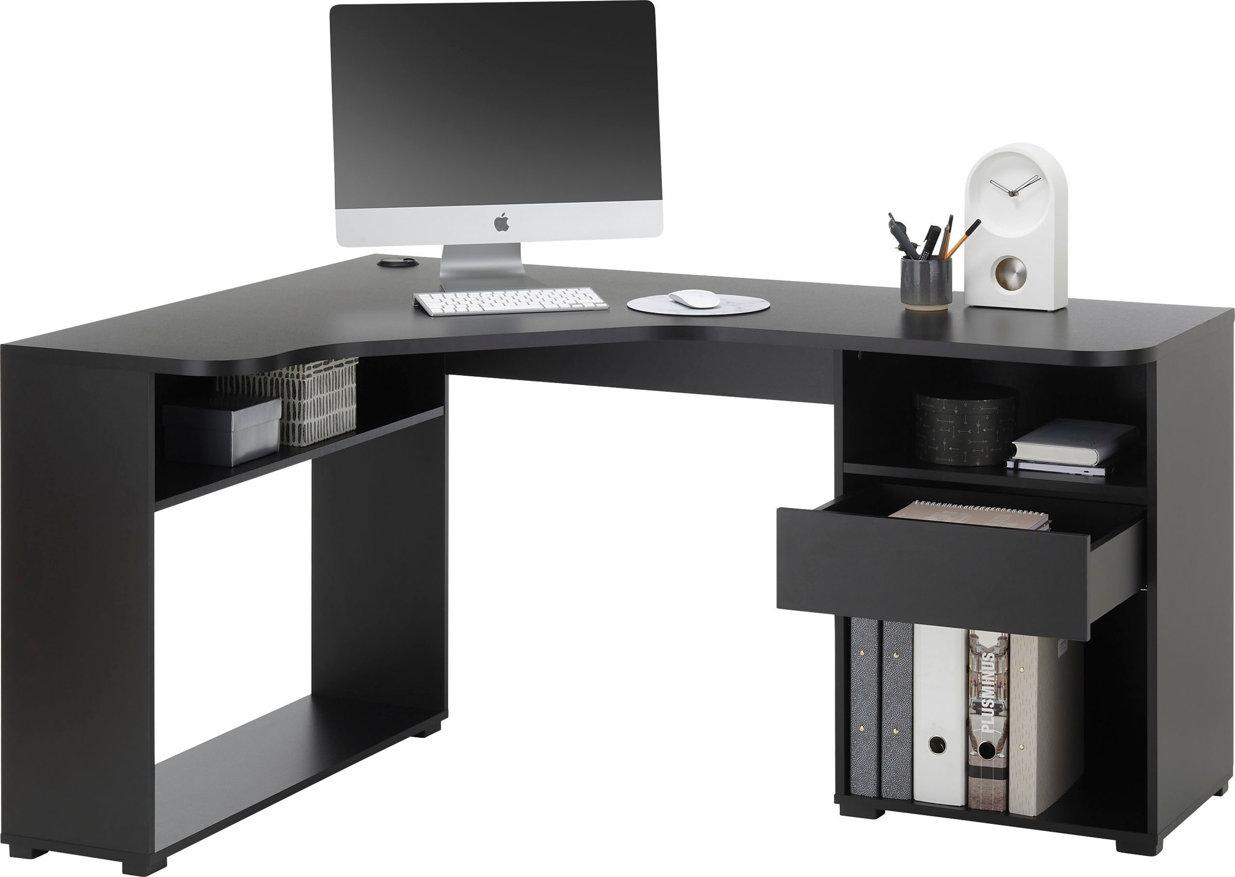 Eckschreibtisch BEGA OFFICE "BC3155", schwarz, B:150cm H:74cm T:55cm, Tische, Eckschreibtisch, schwarz mit Ablagefächer und Schublade