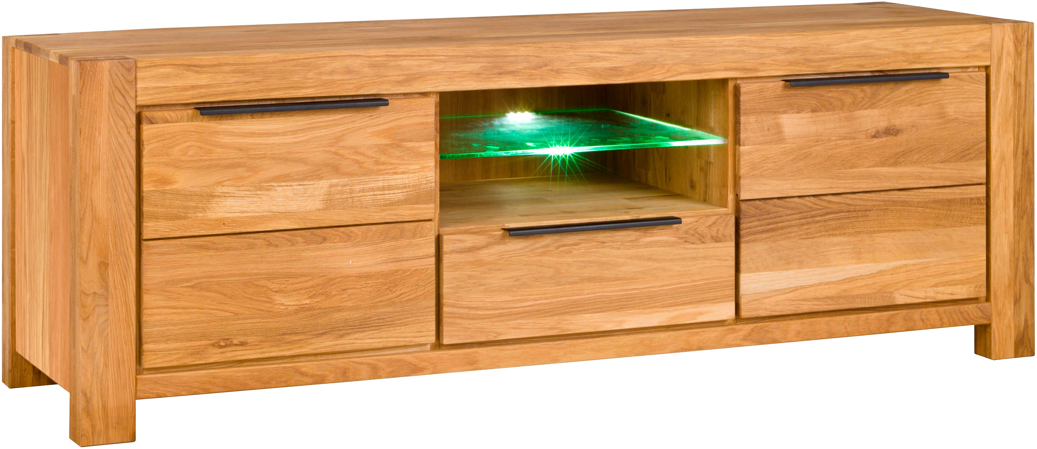 Lowboard HOME AFFAIRE, braun, B:193cm H:63cm T:50cm, Holz teilmassiv, Sideboards, Lowboard, Eiche teilmassiv, B: 193cm, Schwarze Elemente, 2 offene Fächer.