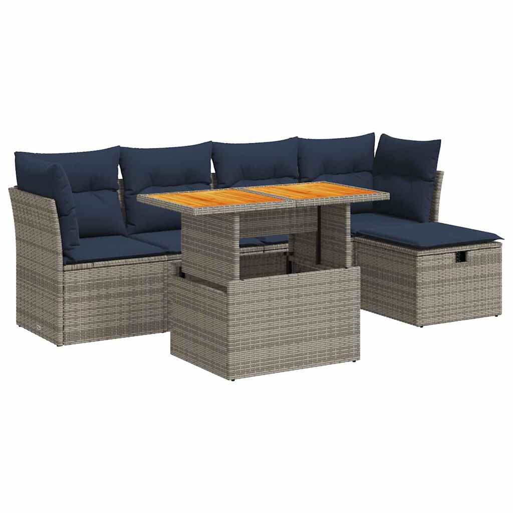 vidaXL 6-tlg. Garten-Sofagarnitur mit Kissen Grau Poly Rattan Akazie Image