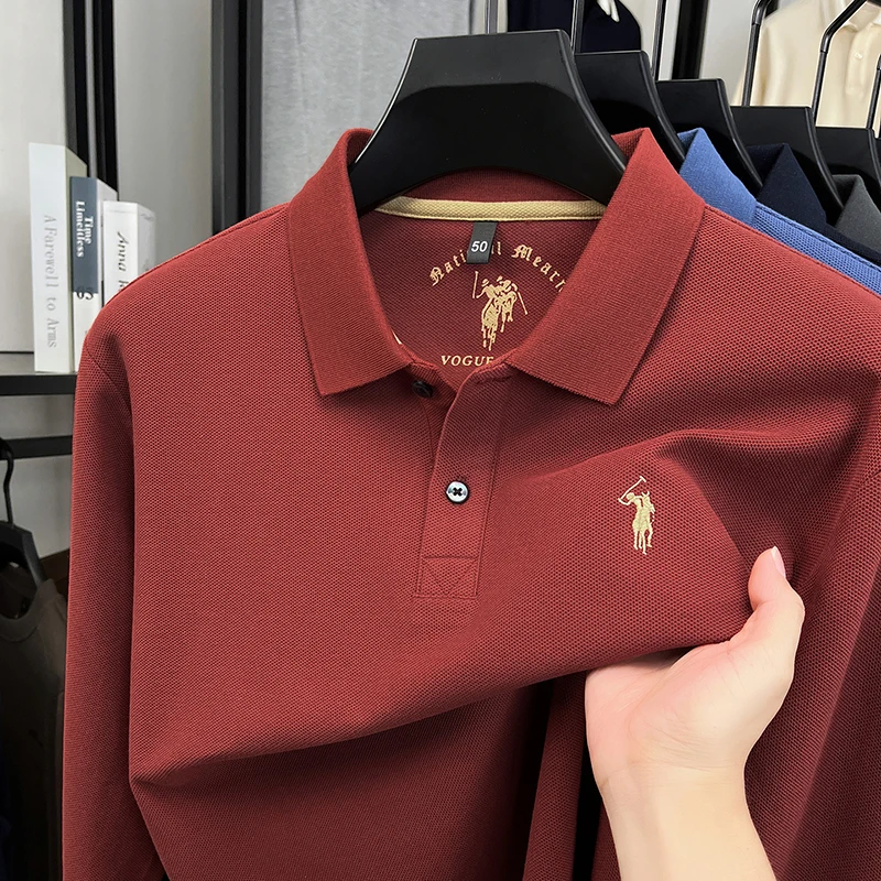 2025 nouveau T-shirt à manches longues en coton pour hommes, haut de gamme brodé petit cheval Logo mode automne/hiver Polo haut de gamme