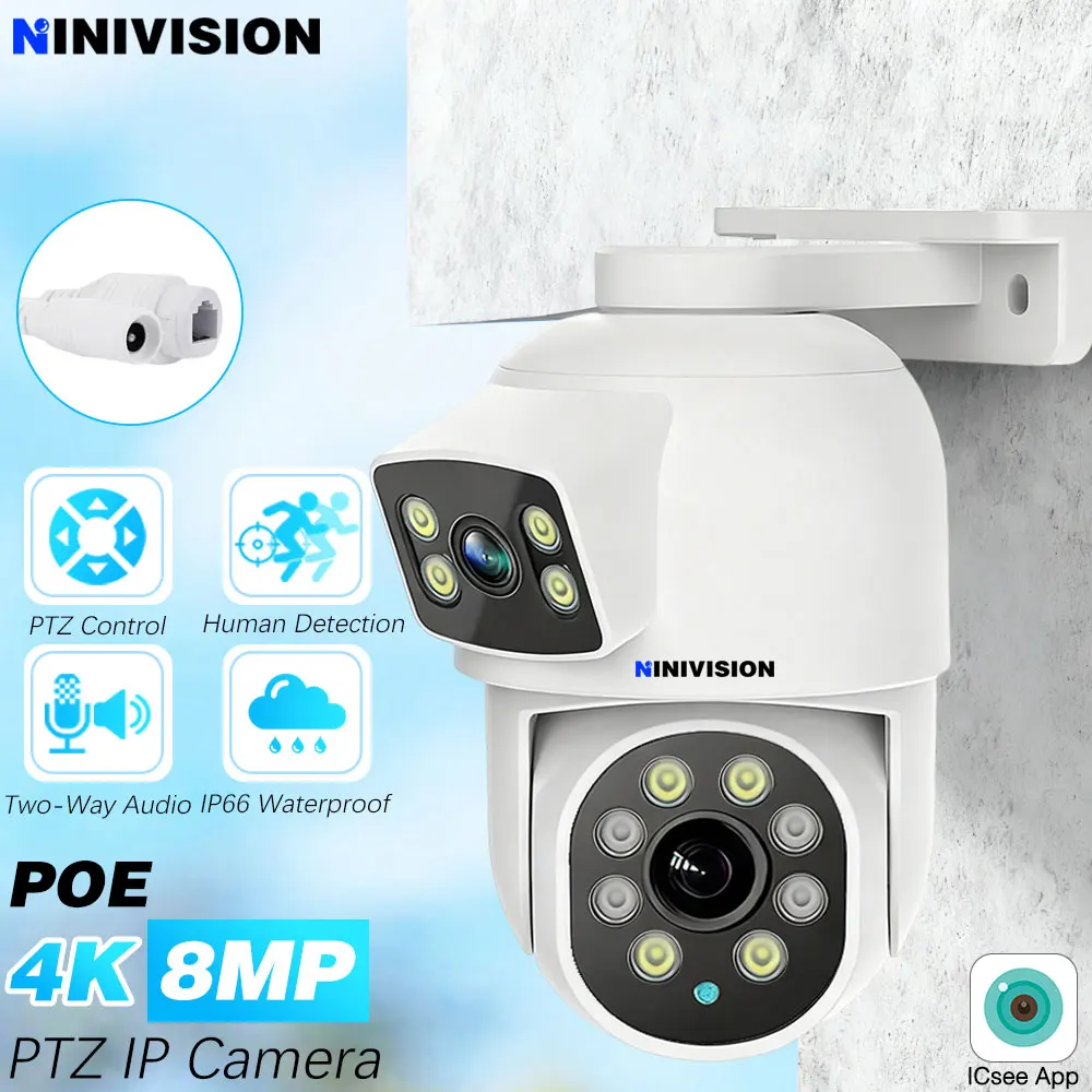 ICsee 8 MP Dual Lens Dome PTZ Kamera WIFI + POE IP Rj45 Netzwerk Sicherheit Überwachung 360 ° Tracking Home Outdoor Eingebautes Mikrofon Image