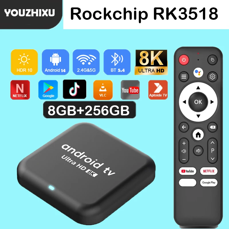 Smart TV Box 8 GB + 256 GB Android 14 Rockchip RK3518 Google Assistant 8K Video Bluetooth5.4 Media Player Q18 Sehr schnelle Set-Top-Box Image