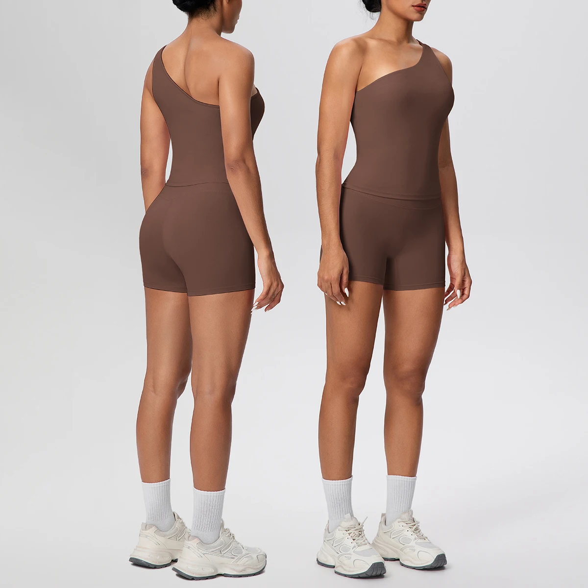 2 stücke Quick-Dry Einfarbig Sport Yoga Set Frau Sexy Einzelnen Schulter Bh Workout Top Atmungs Hip-hebe fitness Shorts Set Image