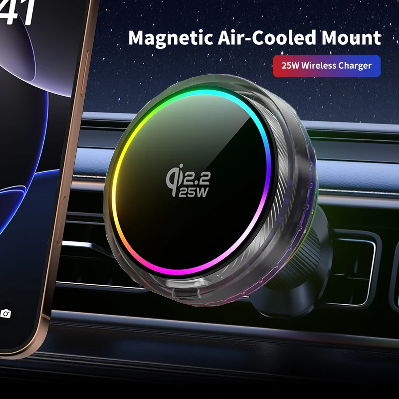 Luftkühlung Auto qi 2,2 25 W Magnetische Drahtlose Ladegerät RGB Licht Telefon Halter Für Magsafe iPhone 17 16 15 14 13 12 Schnelle Lade Image