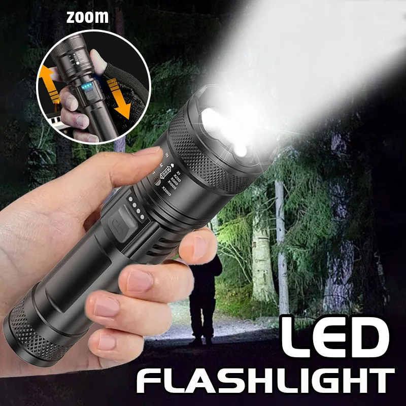 Taktische LED-Taschenlampe, 2000 lm, USB wiederaufladbar, wasserdicht, Zoom-Taschenlampe, helles tragbares Notlicht für Camping im Freien Image