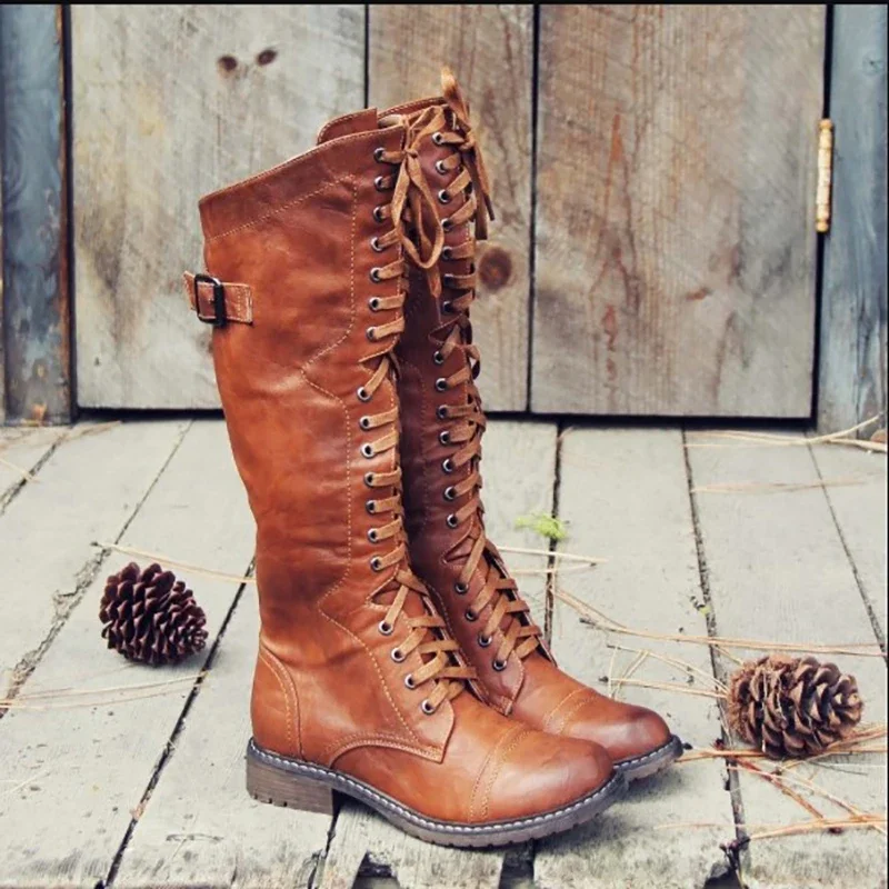 Frauen Kniehohe Stiefel Herbst Winter Lace Up Flache Schuhe Sexy PU Leder Schuhe Retro Schnalle Frauen Schuhe Mode Schwarz Ritter Stiefel