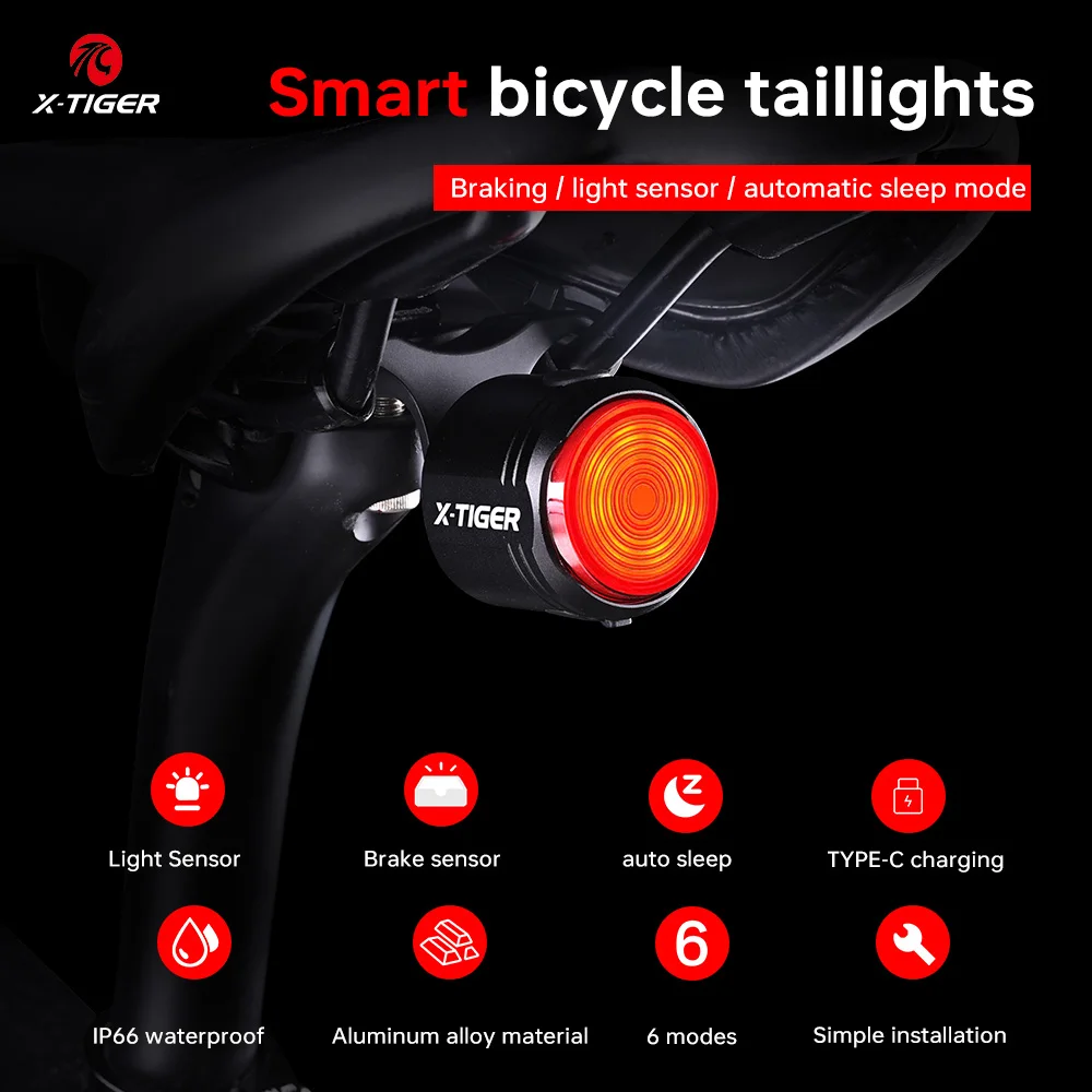 X-TIGER Luce posteriore per bicicletta Luce di rilevamento freno intelligente ad alta luminosità IPX6 Fanale posteriore per bicicletta impermeabile TYPE-C Lampada per bici di ricarica