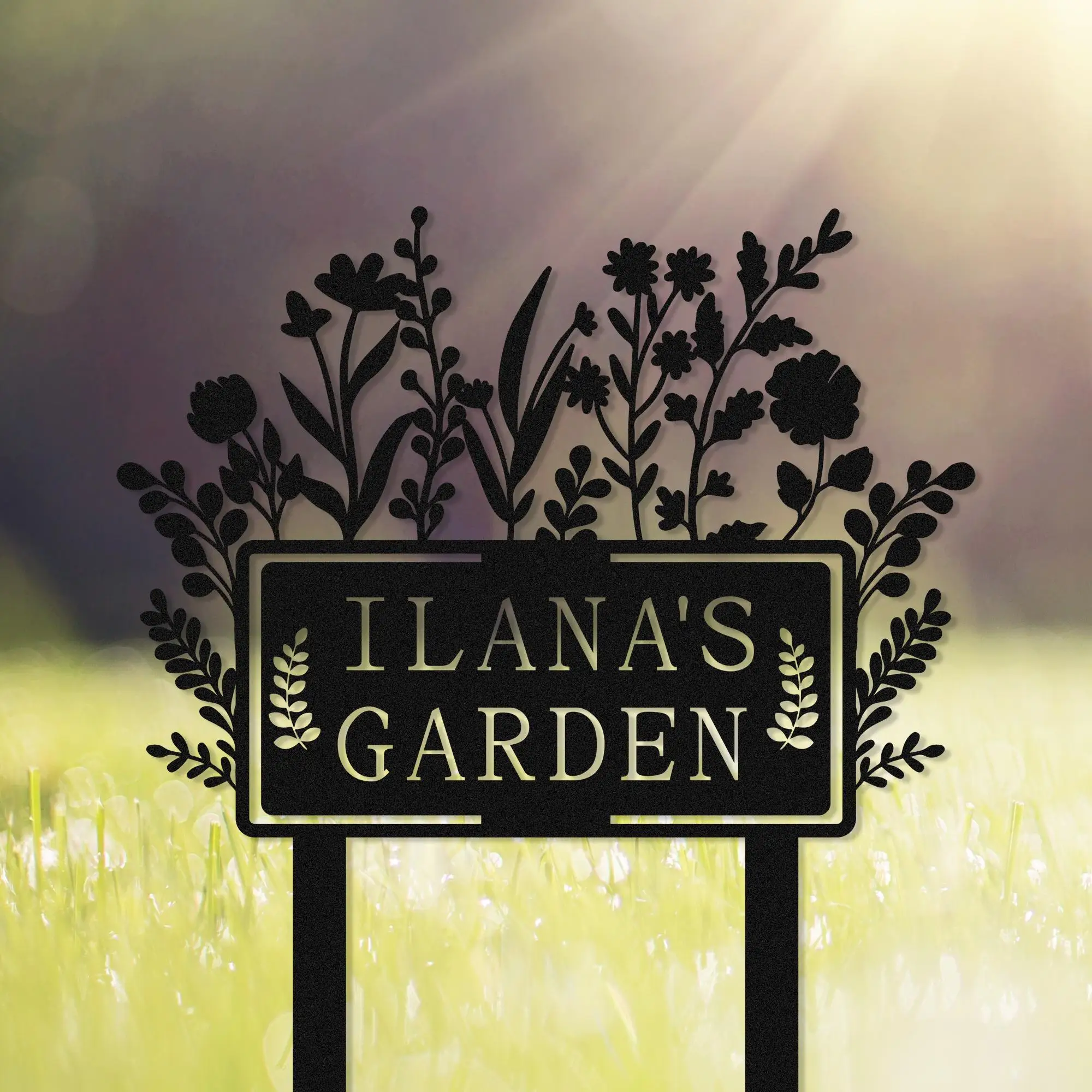 Panneau de jardin personnalisé avec piquet, panneau de nom de jardin en métal sur mesure, fleur avec piquets, décoration de jardin, panneau de cour, cadeau pour la maison