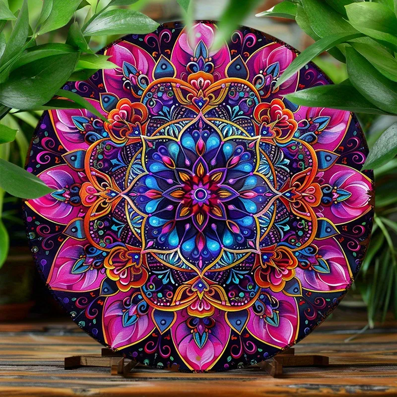 Bunte Mandala-Blume, 20,3 x 20,3 cm, rundes Aluminiumschild – Vintage-Dekor für Küche und Café, einfaches Aufhängen, perfekt für Raumdekoration Image