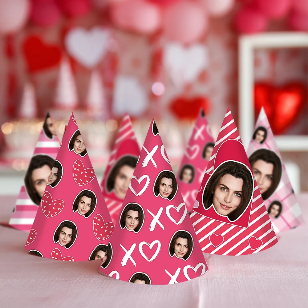 6 Stück individuelle rosa Valentinstag-Partyhut, personalisierbar, Ihr Gesicht, Foto, Herzmuster, Fotokappen, Feier, Hochzeit, Mitbringsel Image