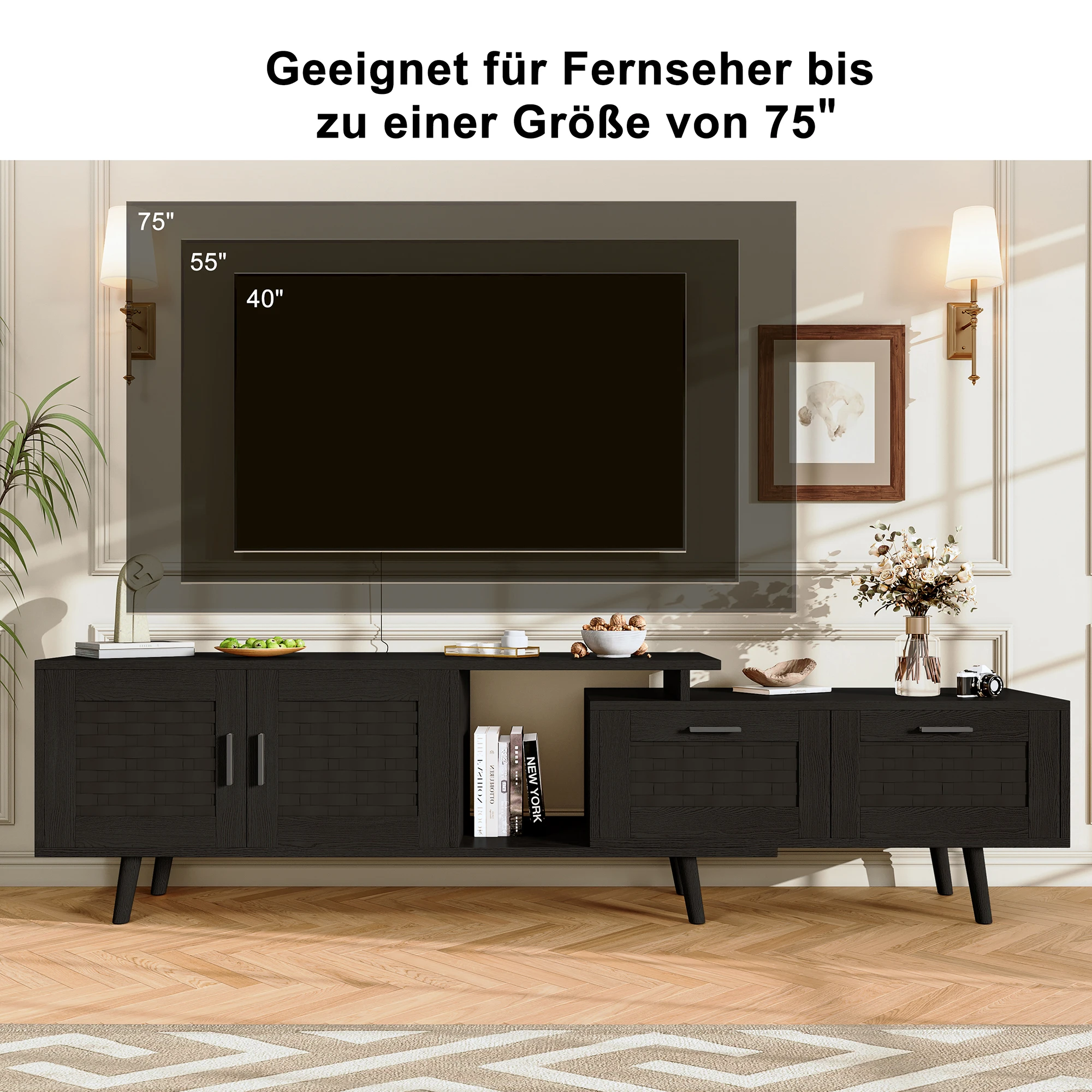 Rosahqnda Meuble TV extensible 146-180 cm, meuble TV en rotin, meuble TV avec 2 tiroirs, meuble bas pour téléviseurs jusqu'à 75 pouces