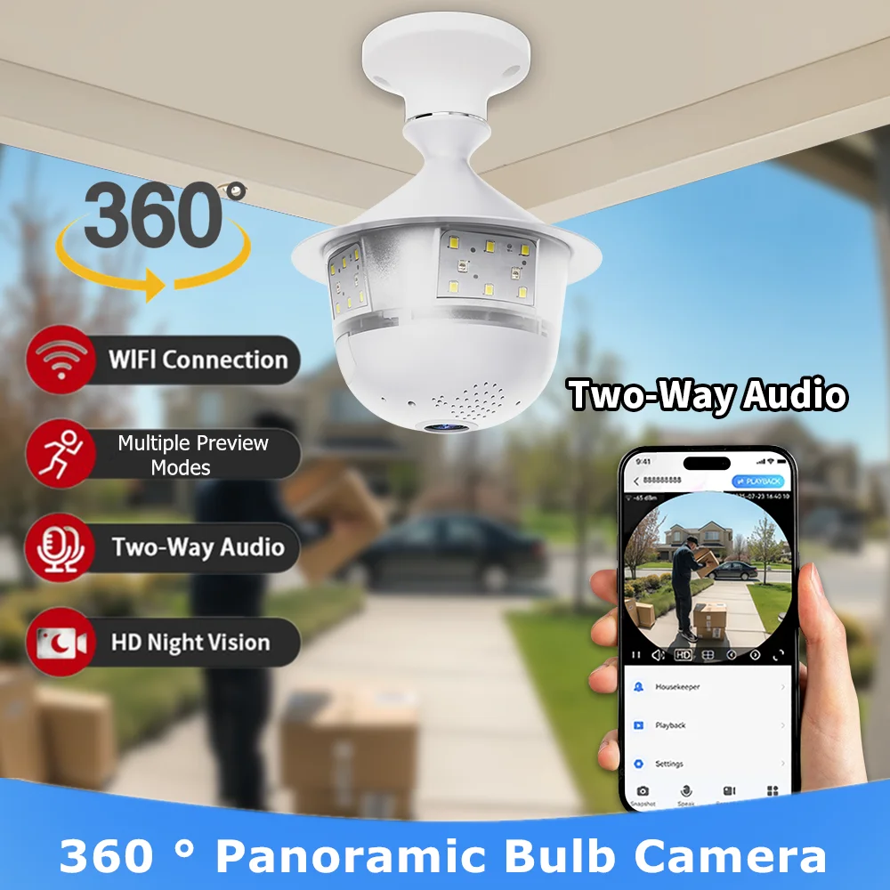 5MP Wifi Glühbirne Überwachungskamera Vollfarbe Nachtsicht Zwei-Wege-Sprache Drahtlose Auto Tracking 360 Panorama Fisheye Indoor IP CCTV Image