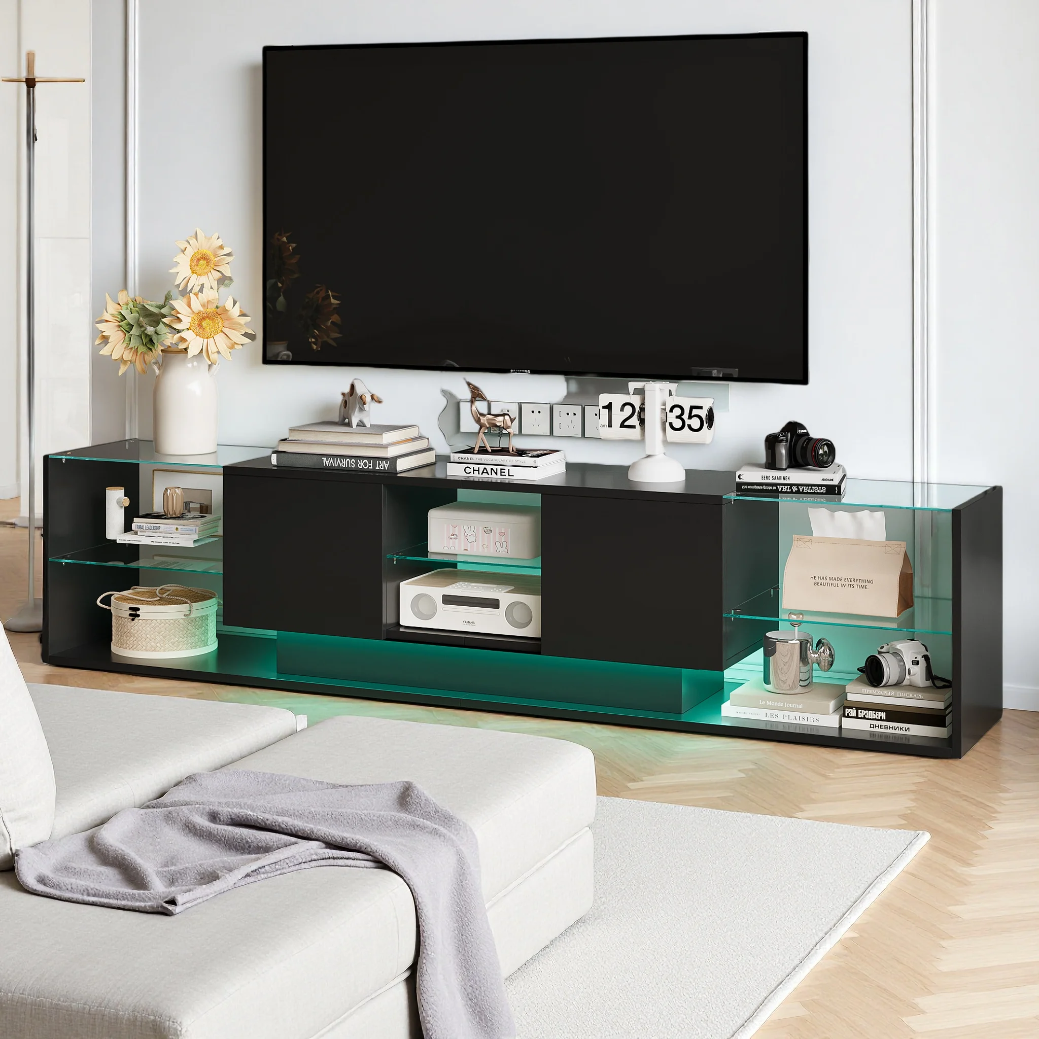 Meuble TV, table basse TV LED, meuble TV avec rangement ouvert et 2 tiroirs, meuble bas offrant un grand espace, 200 x 35 x 45