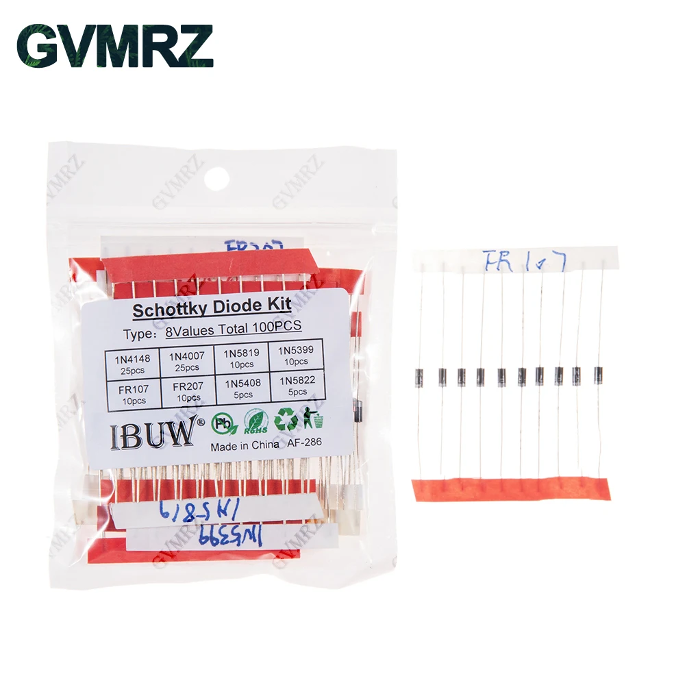 100PCS 8Werte Schottky Diode Kit 1N4148 1N4007 1N5819 1N5399 FR107 FR207 1N5408 1N5822 für Elektronische Projekte Gleichrichtung Image