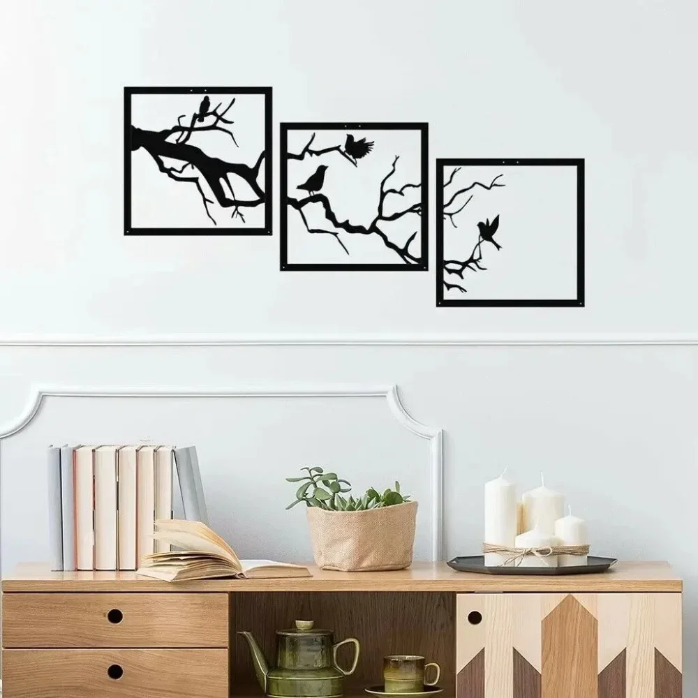 1 Stück Vögel auf Ast Wandkunst, 3 Panels Metall Wanddekoration, Metall Wandbehänge Wohndekoration, Wanddekoration Metall Wandbehang,