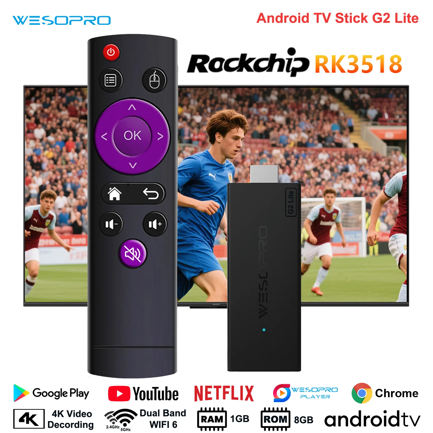 WESOPRO Android 14 TV Stick G2 Lite Smart IPTV Lettore multimediale 1 GB RAM 8 GB ROM Dual-band 2.4 GHz/5.0 GHz Wifi6 4K 30 fps Fire Mi Stick