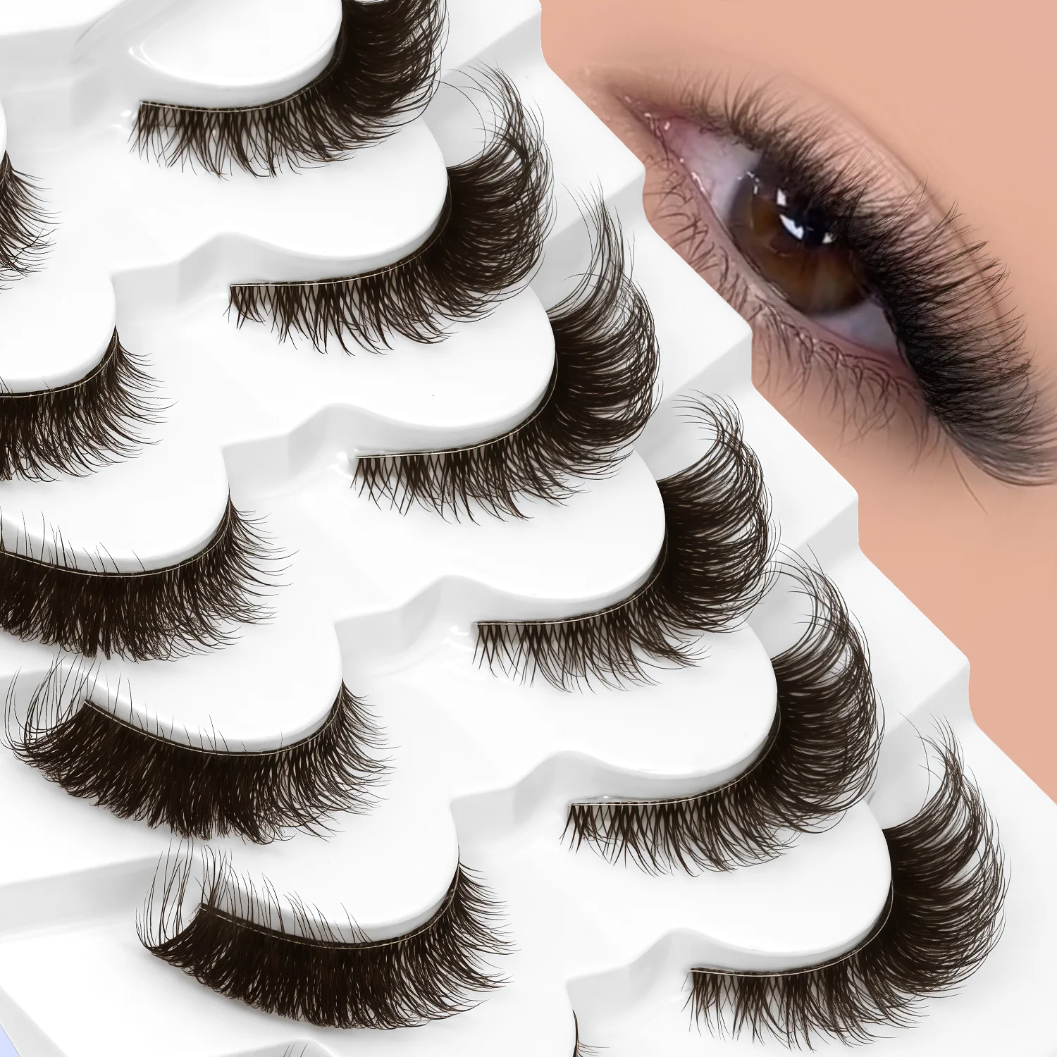 VELTRINAY Katzenaugen-Wimpern, künstliche Wimpern, braune Wimpern, transparentes Band, falsche Wimpern, künstlicher Nerz, flauschige Wimpern, Make-up Image