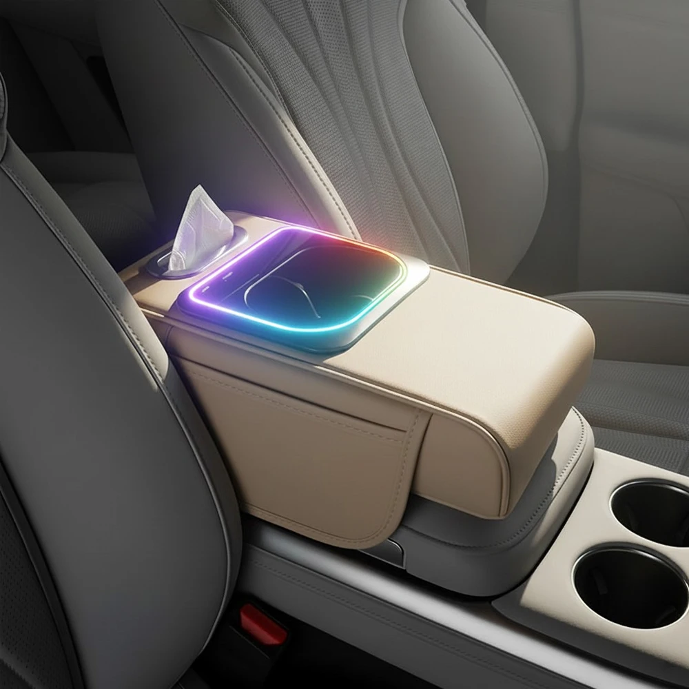Multifunktionales Auto-Armlehnenkissen, Mittelkonsolen-Kissen, Sitzbezug mit Aufbewahrungsorganisatoren, Getränkehalter, Taschentuchbox, Telefonsteckplatz Image