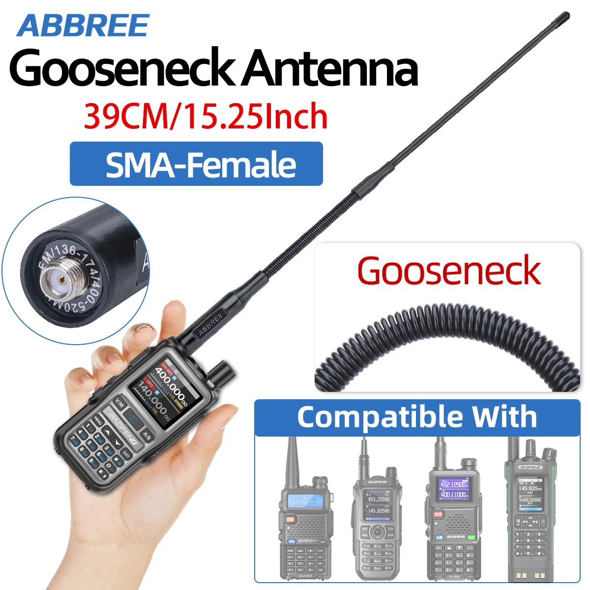ABBREE AR-166 Schwanenhals Walkie Talkie Antenne SMA-Buchse Dual Band UHF/VHF High Gain Für BAOFENG UV-5R Mini UV-21PRO Ham Radio Image