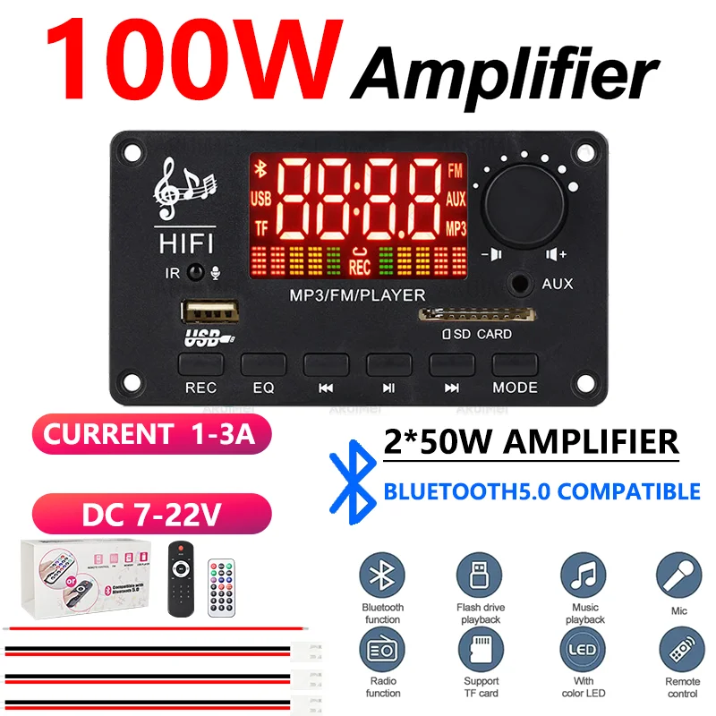 2x50W Bluetooth 5.0 Verstärker-Set mit schwarzem Gehäuse und Fernbedienung, DC 7-22V für Car Home Audio FiiO HiFi Leistungsstarker Sound-Subwoofer-Verstärker Image