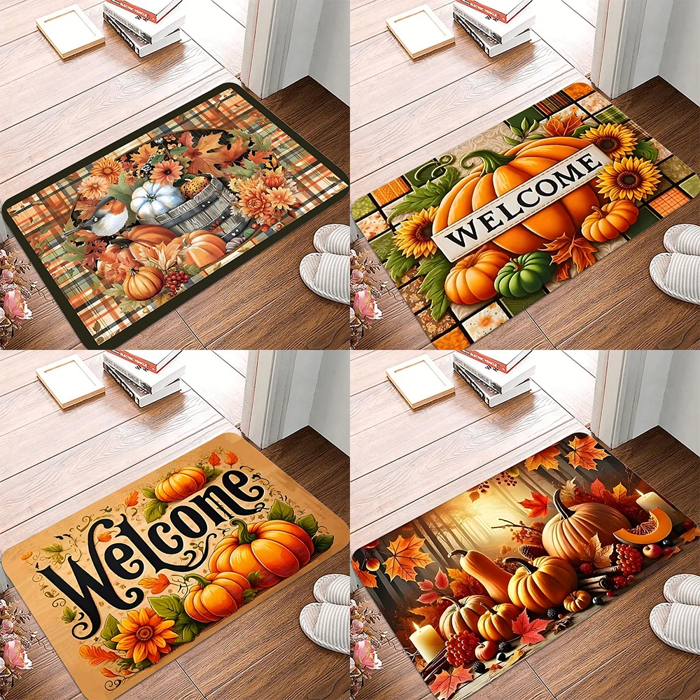 Thanksgiving-Kürbis-Willkommensmatte, rutschfest, maschinenwaschbar, Fußmatte für Wohnzimmer, Schlafzimmer, Küche, Innen-/Außenteppich Image