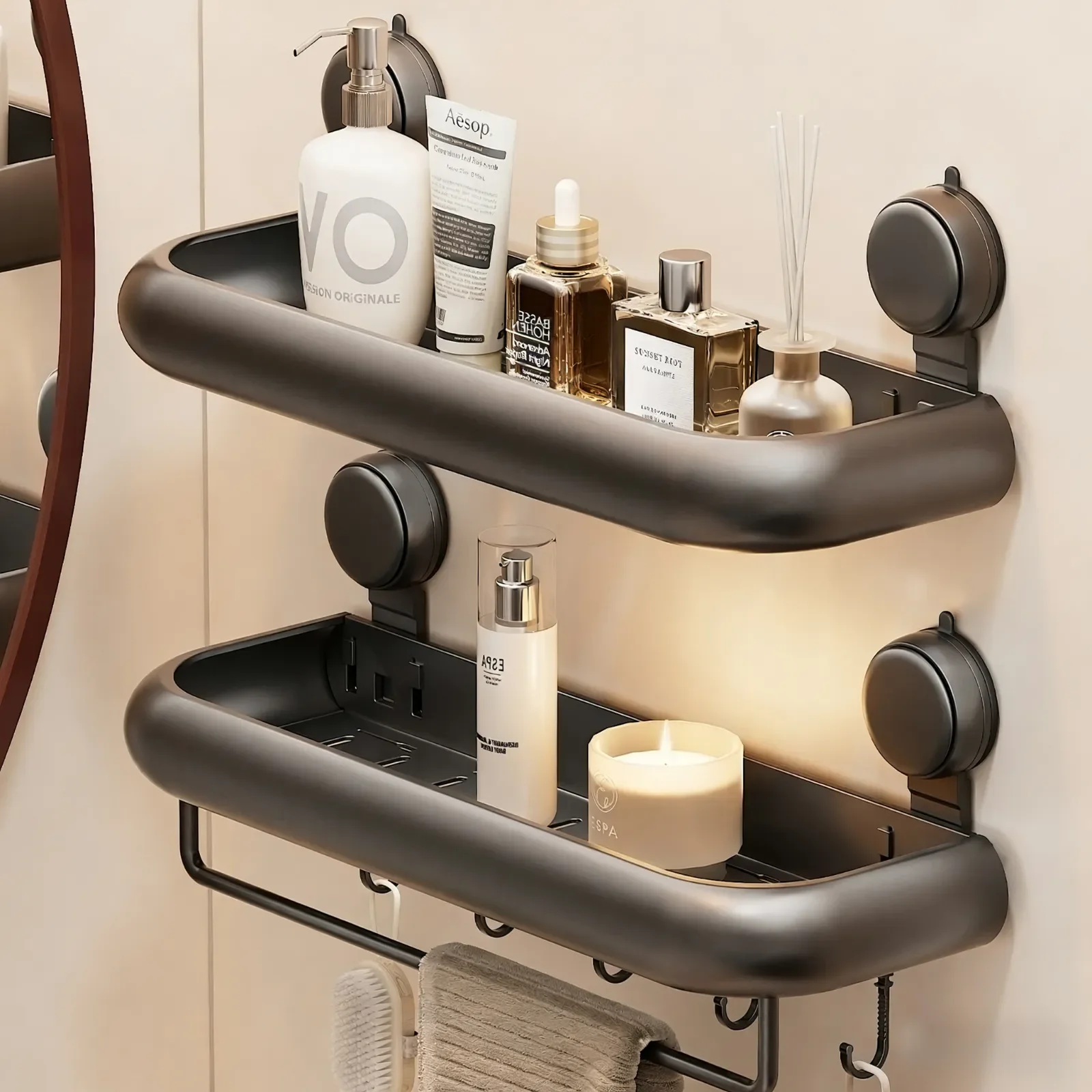 Support de salle de bain à ventouse, sans perceuse, étagère de salle de bain, toilettes polyvalentes, support suspendu en aluminium, organisateur de salle de bain à accrocher au mur