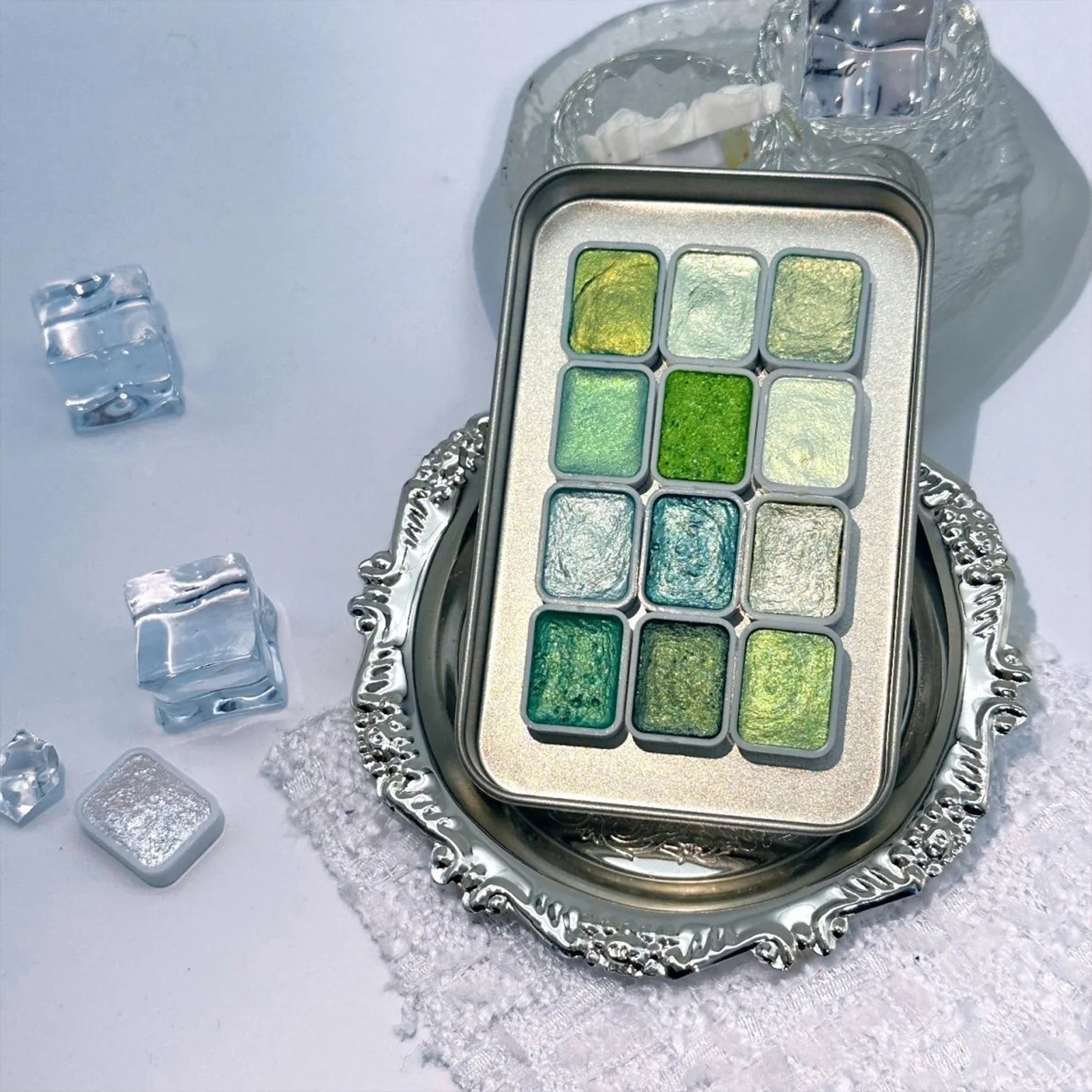 Perlmuttfarbenes, festes Aquarellfarben-Set mit Goldpulver, 12 Farben für Kunst, Zeichnen, Aquarell-Malset für Anfänger, Künstler Image