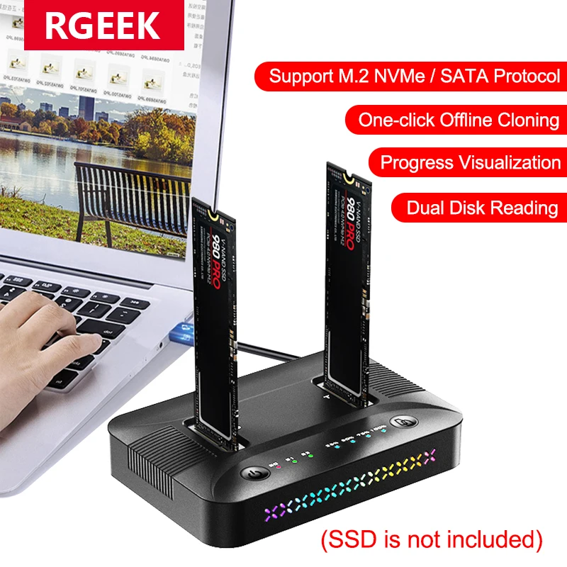Dual-Bay M.2 RGB SSD Dockingstation M.2 NVME NGFF SSD Gehäuse USB3.2 GEN2 Typ C 10 Gbit/s Datenübertragung Unterstützung Offline-Klon Image