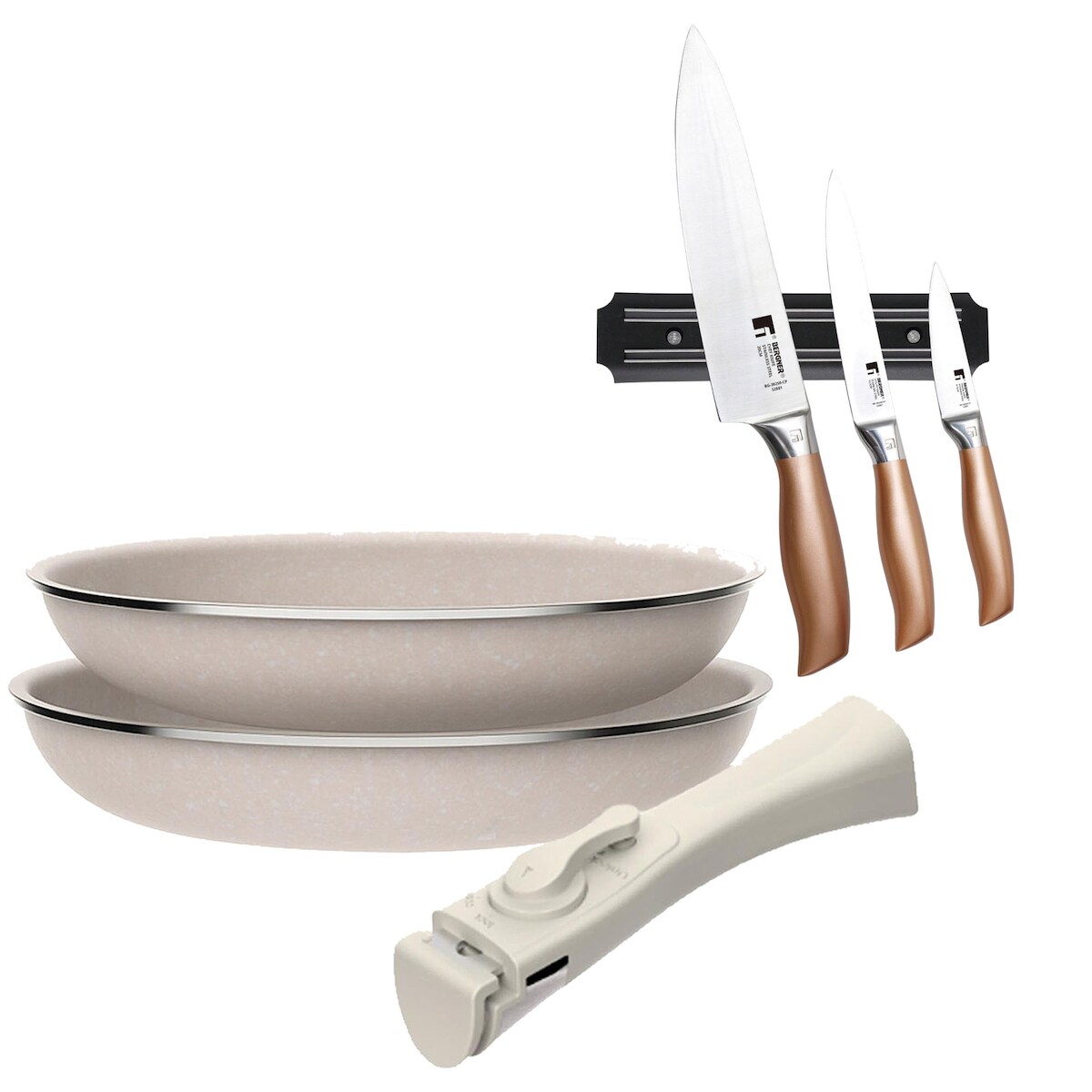 BERGNER - Set aus 2 Pfannen Ø24/28cm gepresstes Aluminium Antihaftbeschichtet mit abnehmbarem Griff mit Set aus 3 Edelstahlmessern mit magnetischer Image
