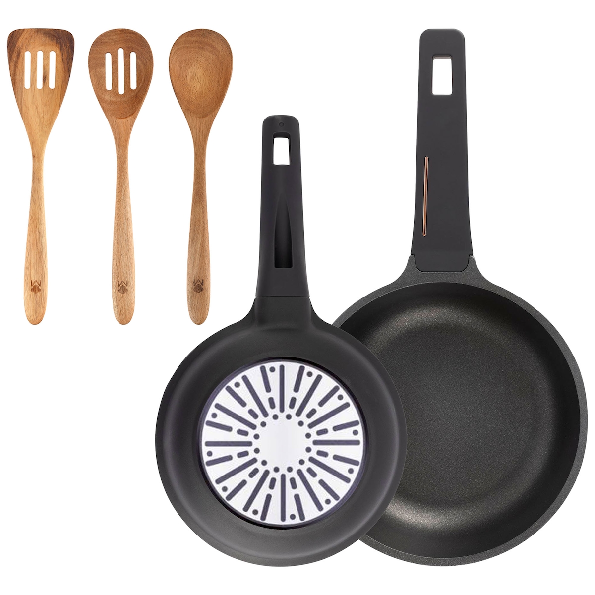 BERGNER - Pfannen Ø20/24cm aus Gusseisen geeignet für Induktion mit Set aus 3 Küchenutensilien aus Akazienholz Image