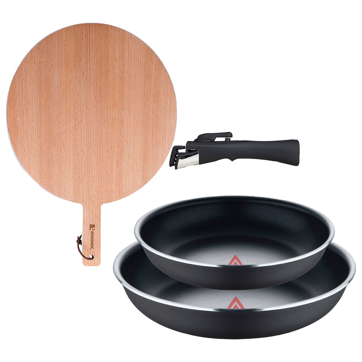BERGNER - Set aus 2 Pfannen Ø22/26 cm gepresstes Aluminium Schwarz mit abnehmbarem Griff mit Rundes Schneidebrett aus Buchenholz Image