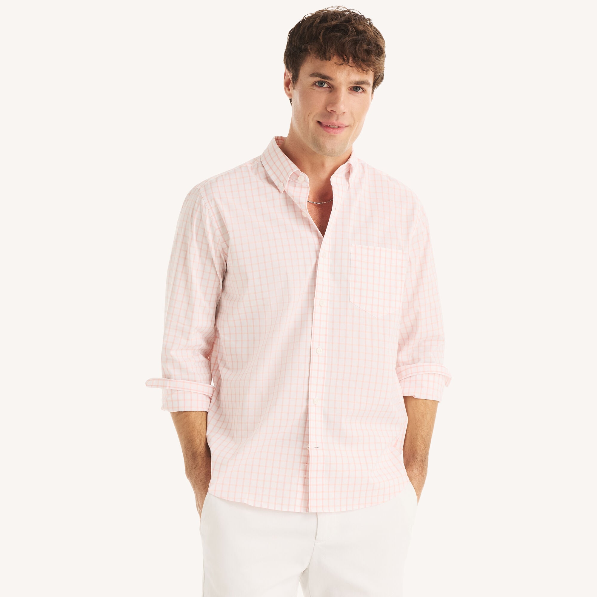 Nautica Men's Classic Fit Wrinkle-Resistant Plaid Shirt 661 (Cabana Pink), L