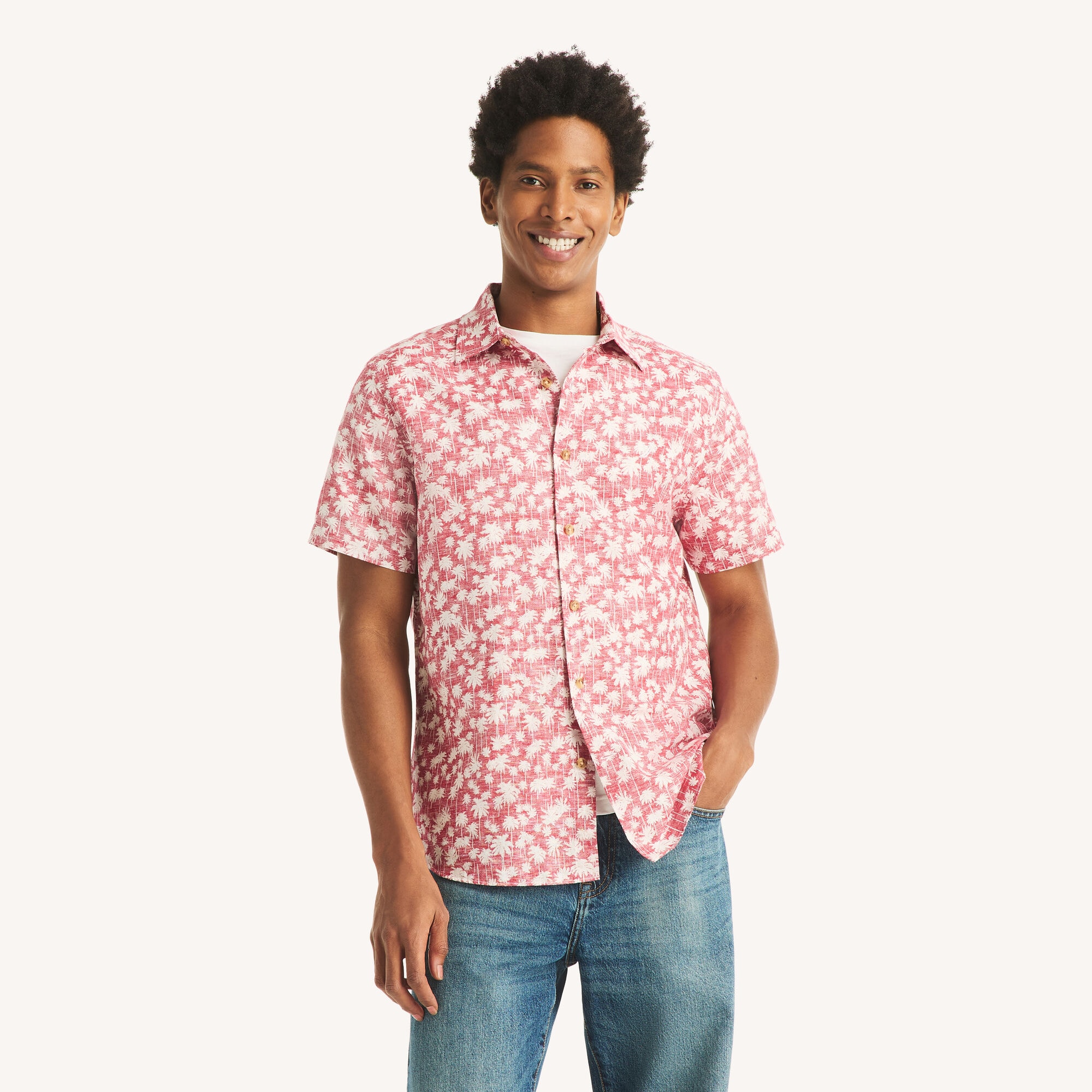 Nautica Men's Printed Short-Sleeve Linen Shirt 690 (Rio Red), XXL