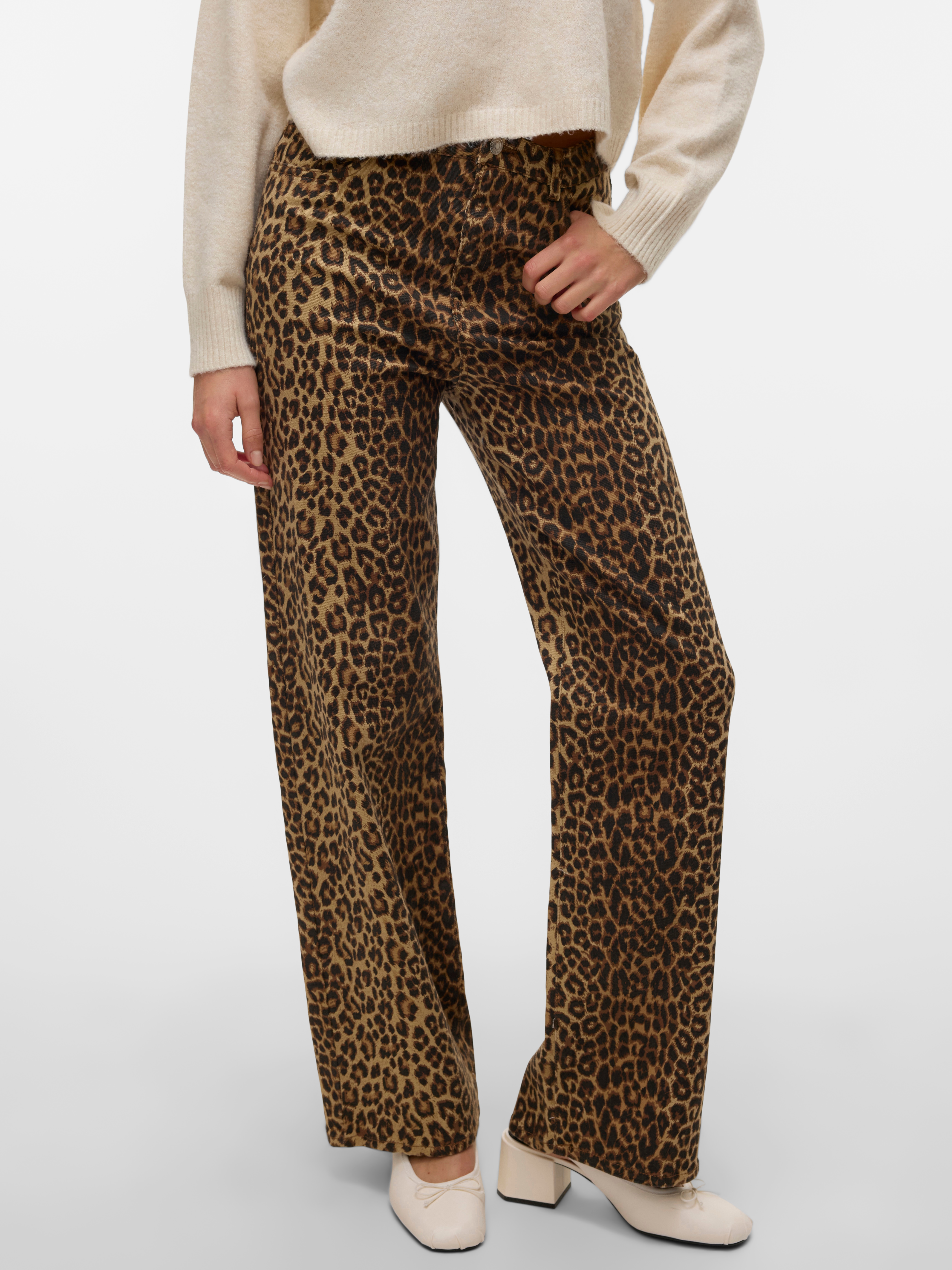 High-waist-Jeans VERO MODA "VMTESSA HR WIDE STRETCH AOP JEANS NOOS", Damen, Gr. 29, Länge 30, silber mink aop:leopard, Denim/Jeans, Obermaterial: 97% Baumwolle, 3% Elasthan, animal-print, bedruckt, oversize lang, Jeans High-Waist-Jeans