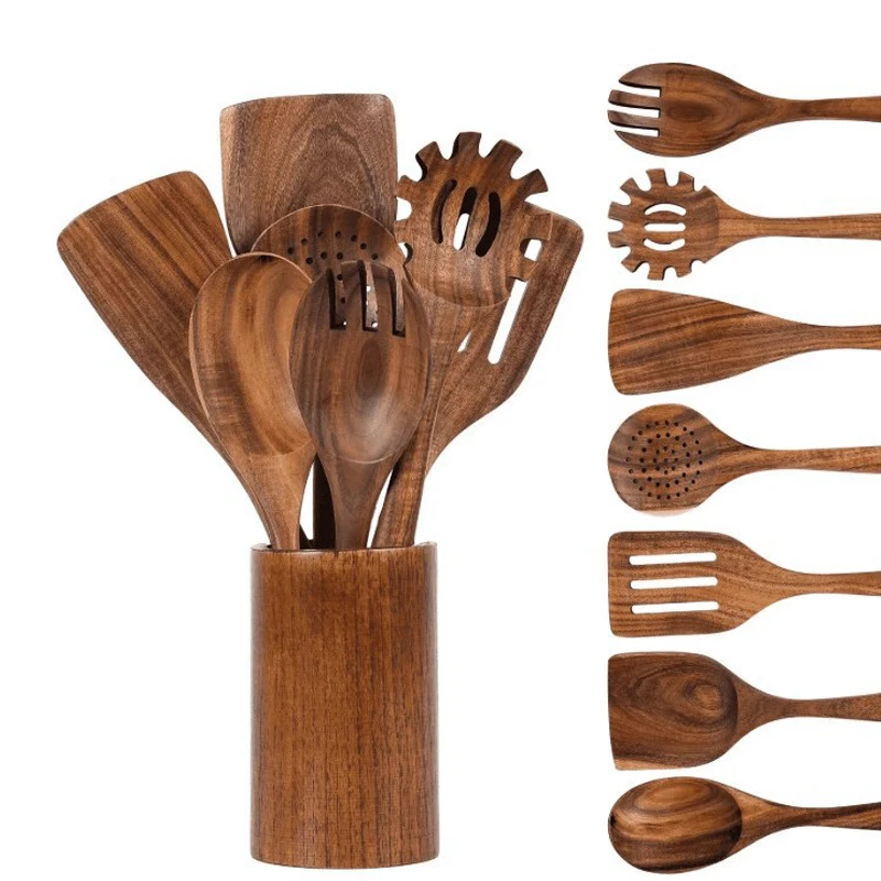 Ensemble d'ustensiles de cuisine en bois avec support, outils de cuisine en bois de teck naturel pour ustensiles de cuisine antiadhésifs, accessoires de cuisine