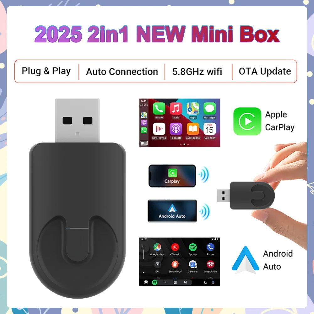 Kabelgebunden mit kabellosem CarPlay und Android Auto 2-in-1-Mini-Adapter, USB, 5 GHz, WLAN, geeignet für 99 % originales kabelgebundenes Carplay/Auto-Auto Image