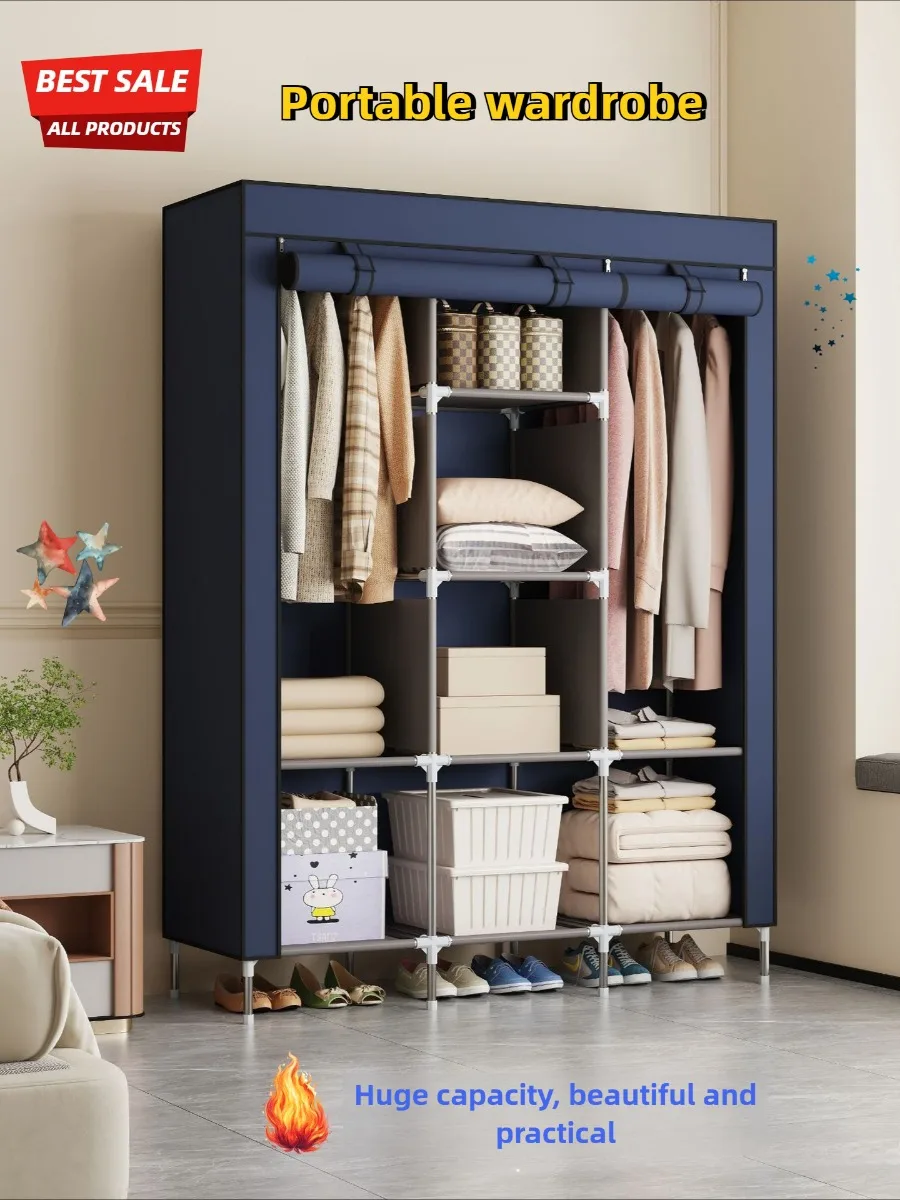 Multifunktionaler tragbarer Kleiderschrank, 3-reihiger/4-reihiger Kleiderschrank mit großem Fassungsvermögen, robuster und dicker Schlafzimmerstil, einfaches und modernes Design