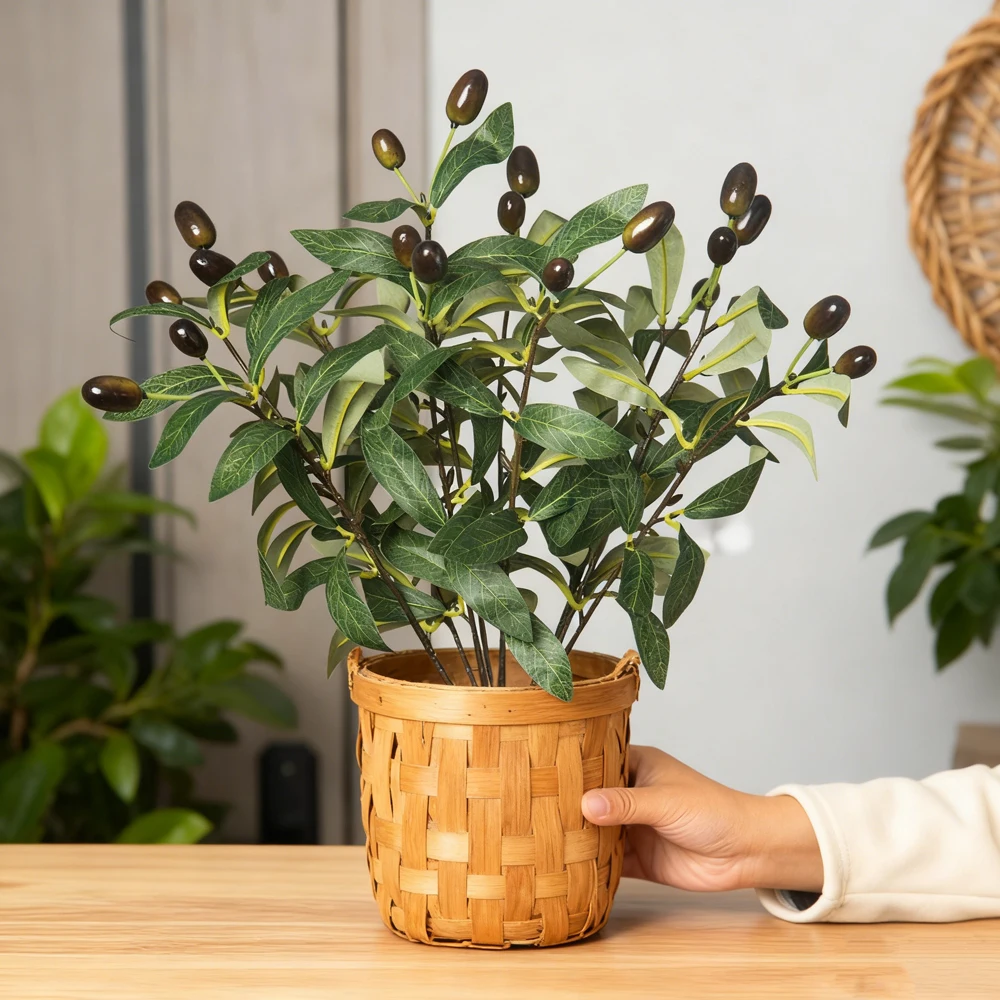 35cm Artificial Olive Tree Branch Fake Plants Green Olive Leaves Foam Berry Small Palm Fruit For Home Garden Wedding Party Decor