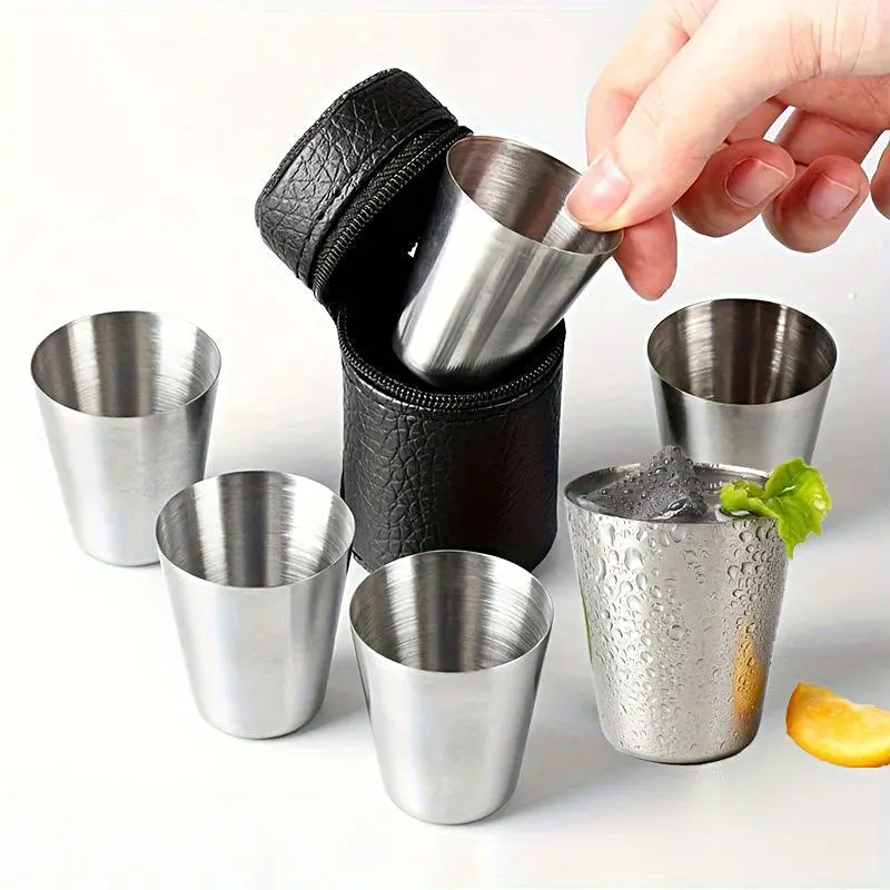 4Pcs Outdoor Reise Edelstahl Tasse Mini Gläser kaffee Gläser für Whisky Wein mit Fall Tragbare Drink 30ml/70ml/170ml Image