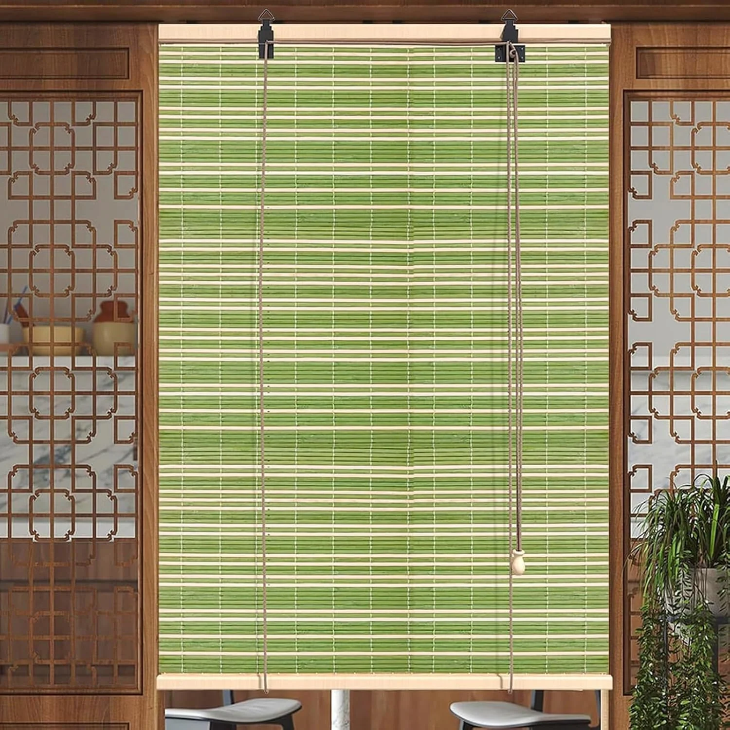 Green Color Bamboo Roller Blind for Home/Kitchen/Tea Room,Outdoor Blackout Shutters for Garden/Patio/Porch/Balcony Shade Curtain