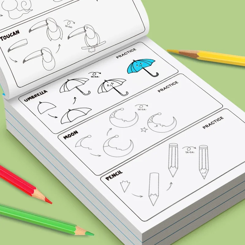 Lustiges Zeichenbuch. Einfaches 4-stufiges Tutorial zum Zeichnen vollständigen. 96 Zeichnen. Interaktives Malaktivitätsbuch mit Cartoon-Muster Image