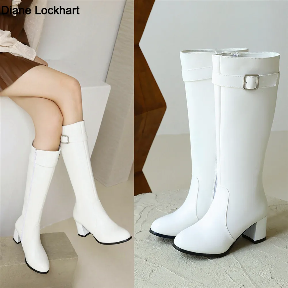 Kniehohe Stiefel für Damen, Herbst-Winter-Schuhe, Schwarz, Weiß, mittlere Absätze, Schnalle, lange Stiefeletten, Oberschenkelhohe Stiefel, Damenschuhe, Größe 33–43