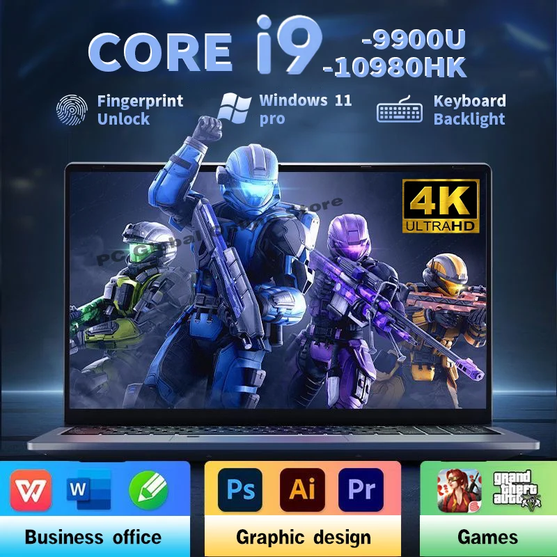 15.6" Laptop Computer Windows 11 Core i9-10980HK PC Gamer 16GB RAM Fingerprint Unlock Notebook Laptops Backlight Study Computer