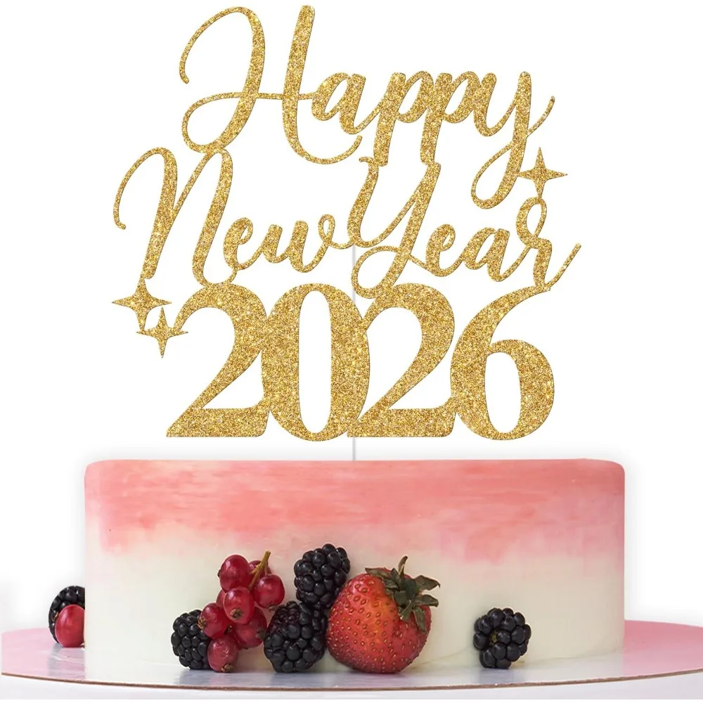 1 Stück „Frohes Neues Jahr 2026“-Kuchenaufsatz, Prost auf 2026, Hallo 2026, Willkommen 2026, Silvester, Partydekoration, goldener Glitzer Image